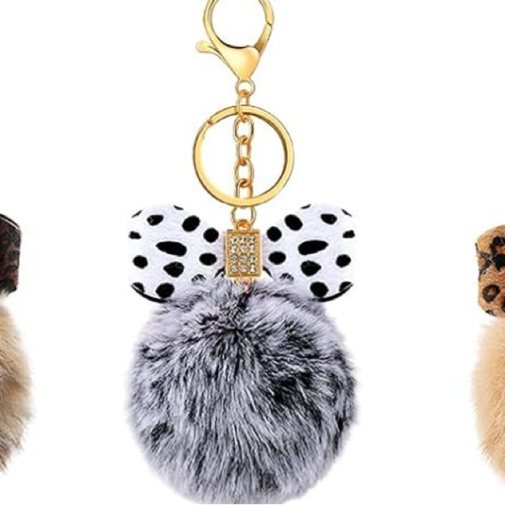 Black& White Bow Keychain with Black & White Fluffy Pom Pom